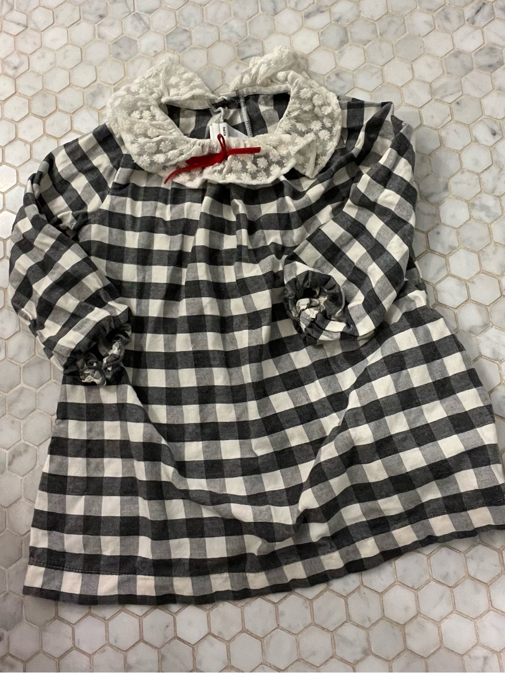 bella bliss Black & White Gingham Dress with Lace Collar